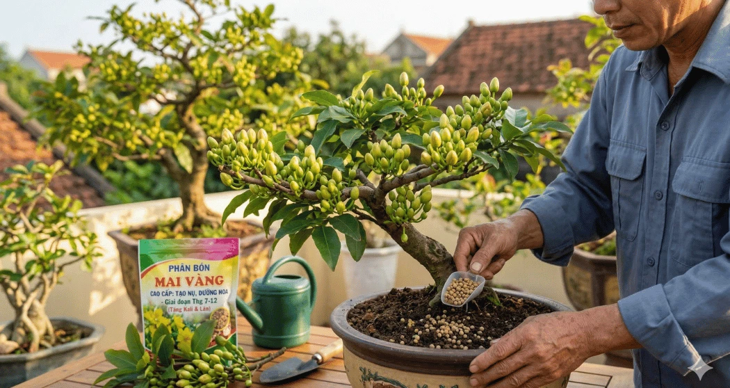 Cách bón phân mai vàng tháng 7-12 âm lịch cho nụ dày, hoa rộ